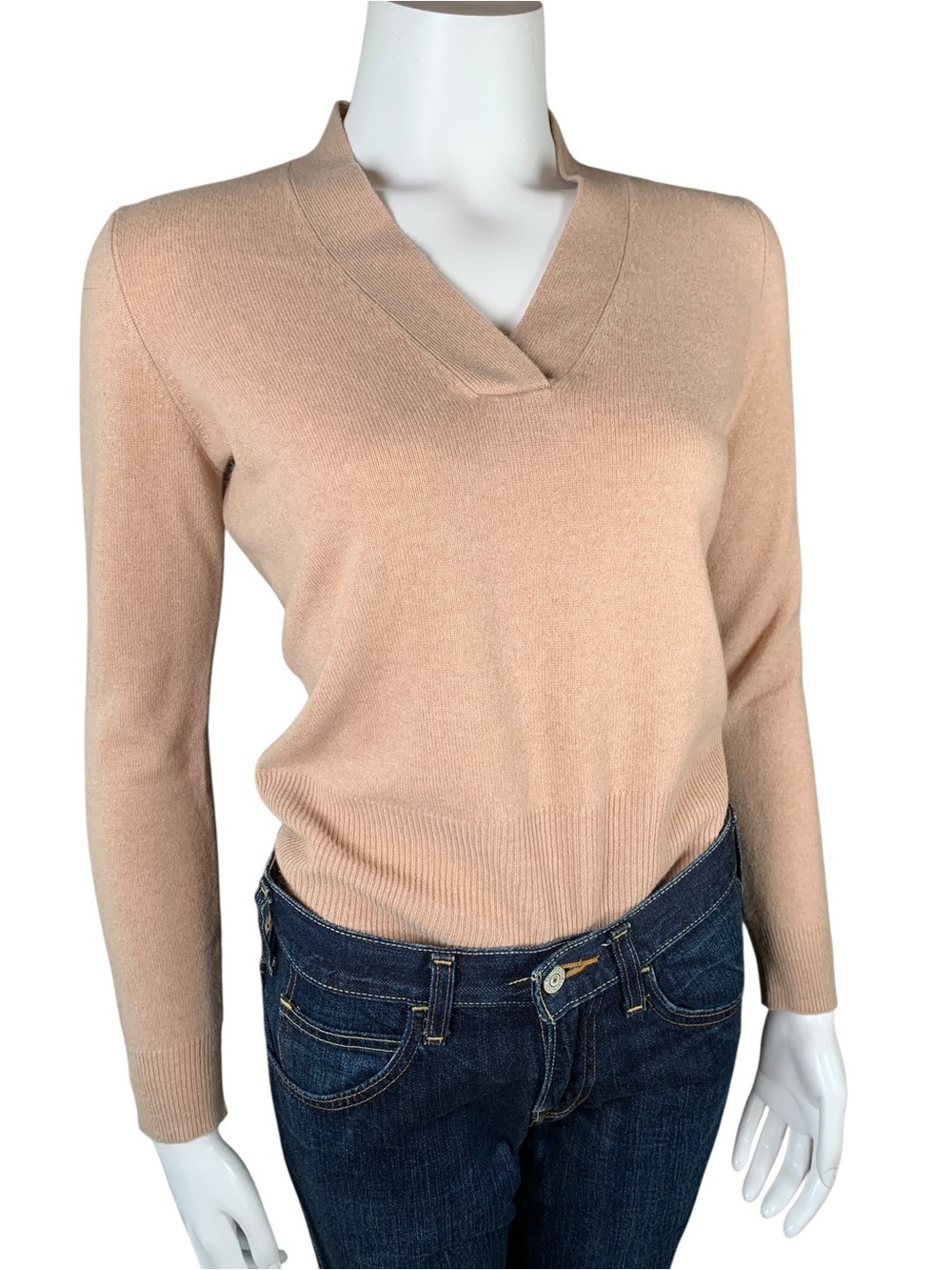 Magaschoni Camel Cashmere V-Neck Sweater Deep Ribbed Hem Size 8